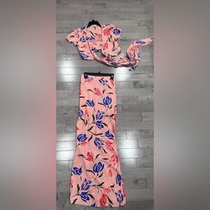 Olivaceous Pink Floral Tulip Print Wrap Crop Top & Maxi Skirt Set Size S